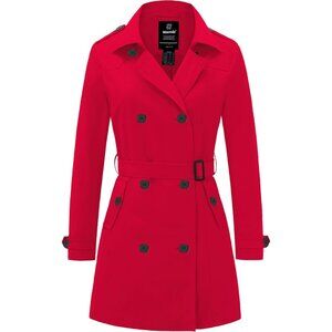 Women's Red Waterproof Trench Coat Classic Lapel Outerwear Coat with Belt